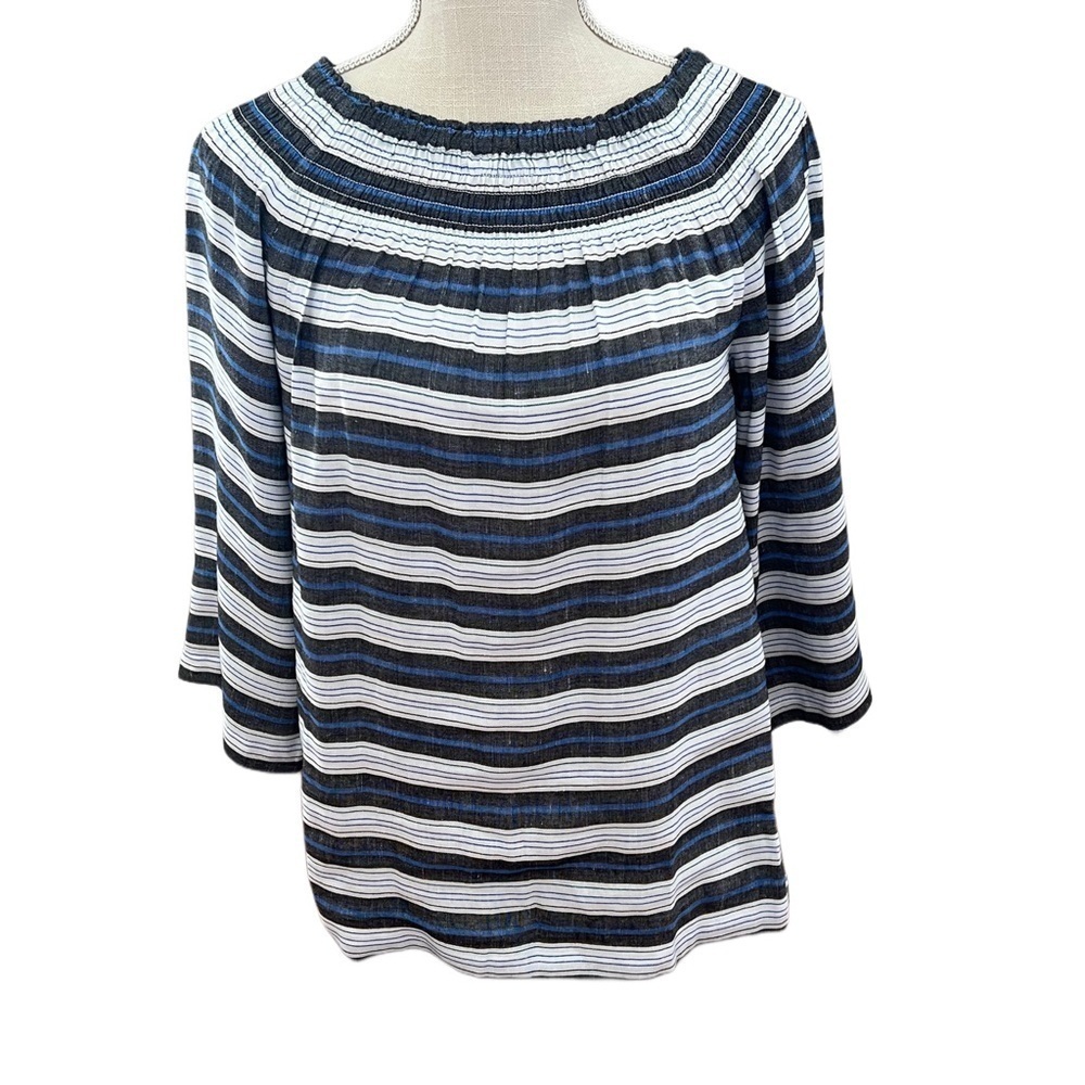 J Jill Blue Smocked Neckline Striped On Or Off The Shoulder Linen Coastal Blouse